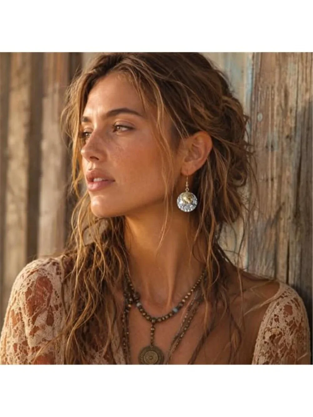 Womens Boho Statement Earring 14K Two-Tone Hammered Disc Drop Earrings